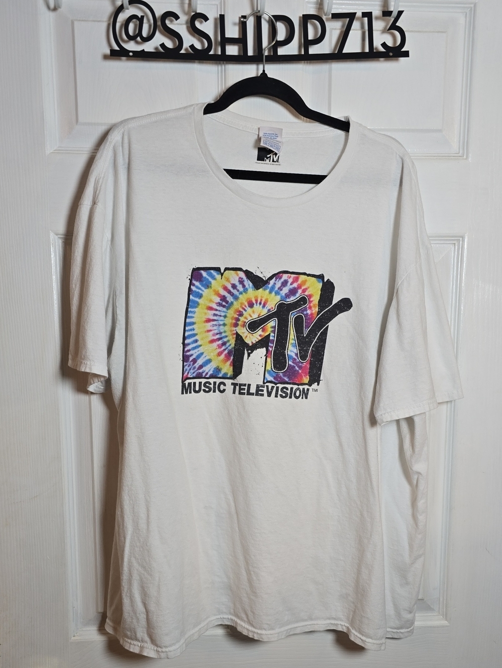 MTV 3X White Tee with Multicolor Tie-Dye Logo